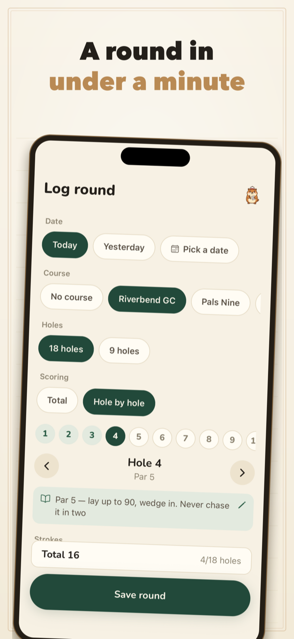 Logging a round in Puttsy: date, course, holes, hole-by-hole scoring