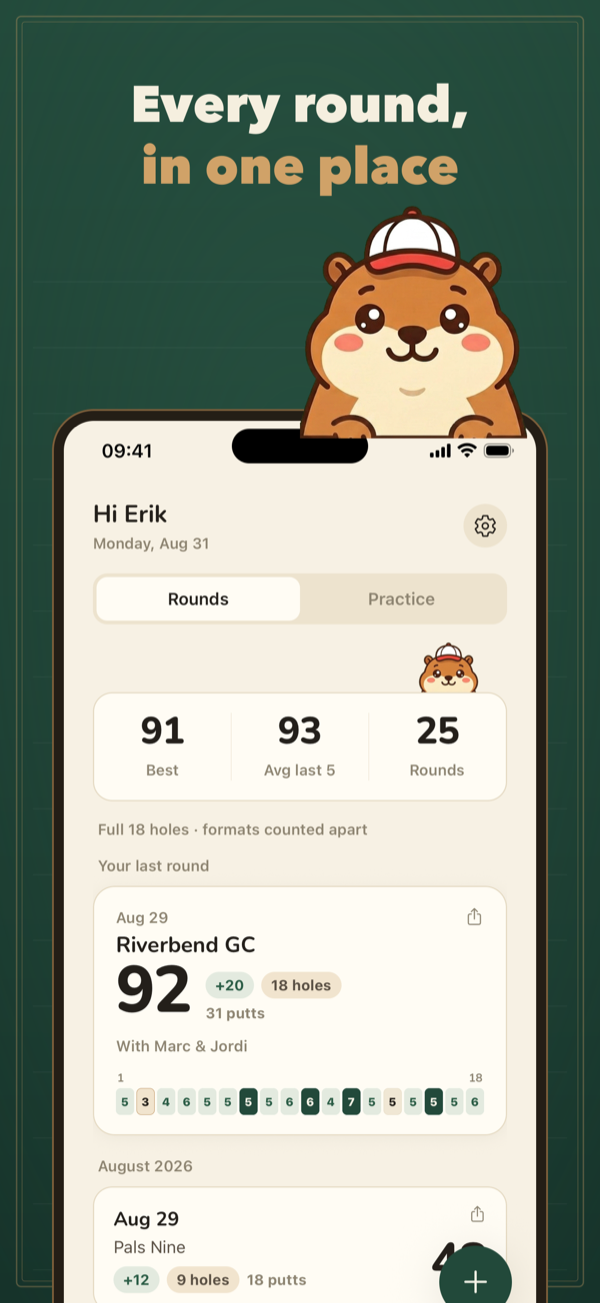 Puttsy home screen: best score, average of the last five, rounds logged